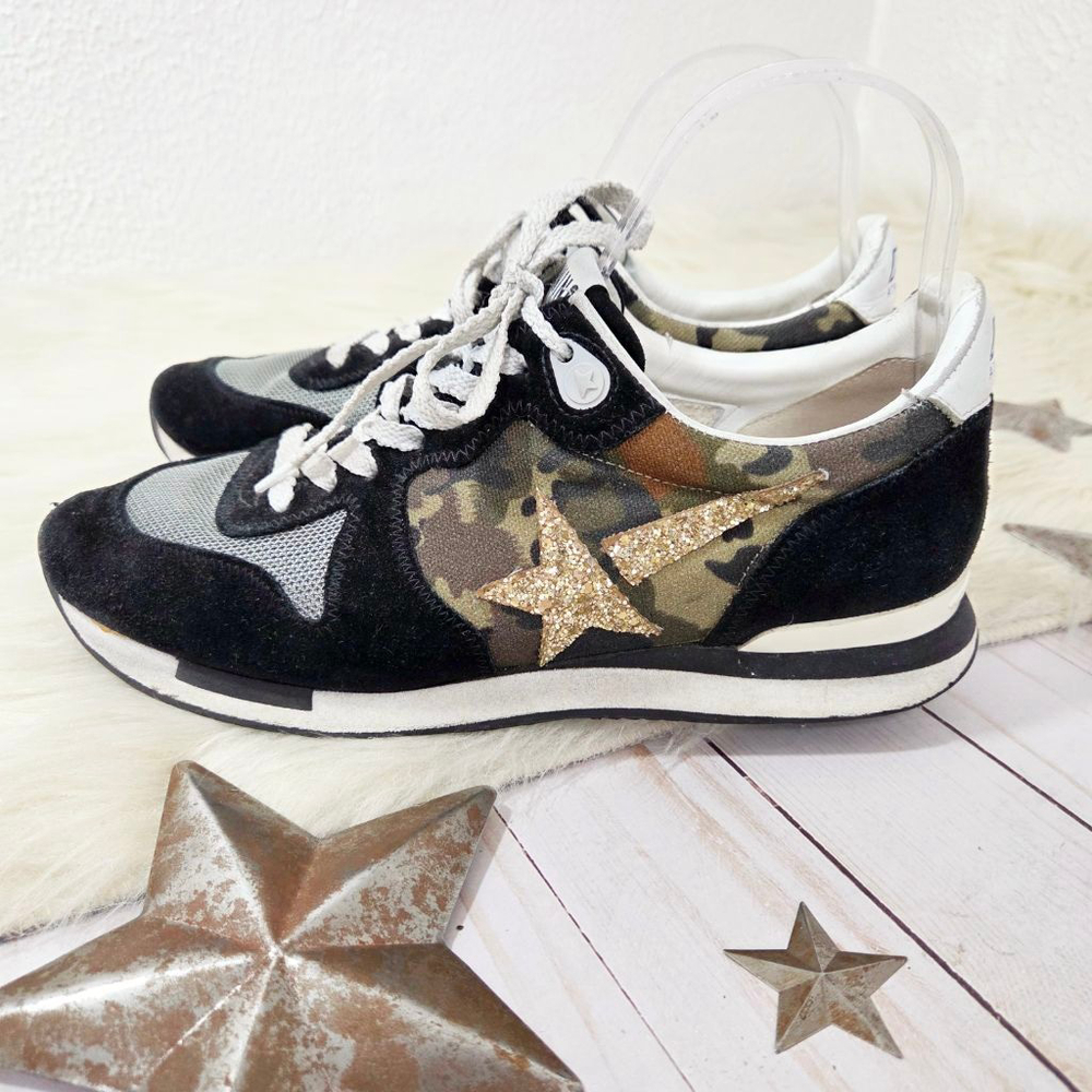 Golden Goose Running camo sneakers gold glitter star distressed black suede 38 - Picture 5 of 13